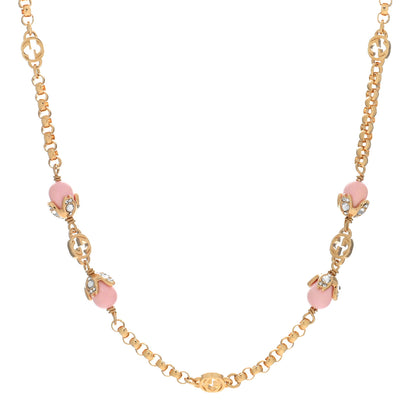Gucci Pearl Crystal Embellished Interlocking G Necklace Pink Aged Gold 1 of 4
