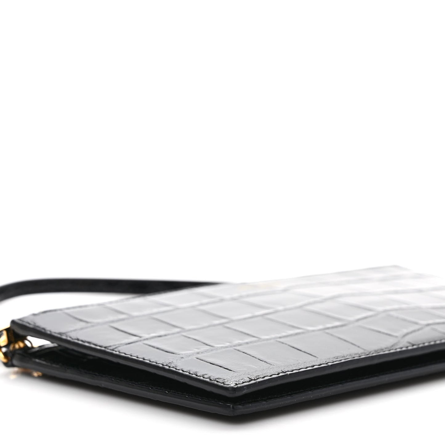 Calfskin Crocodile Embossed Double Pouch On Chain Black