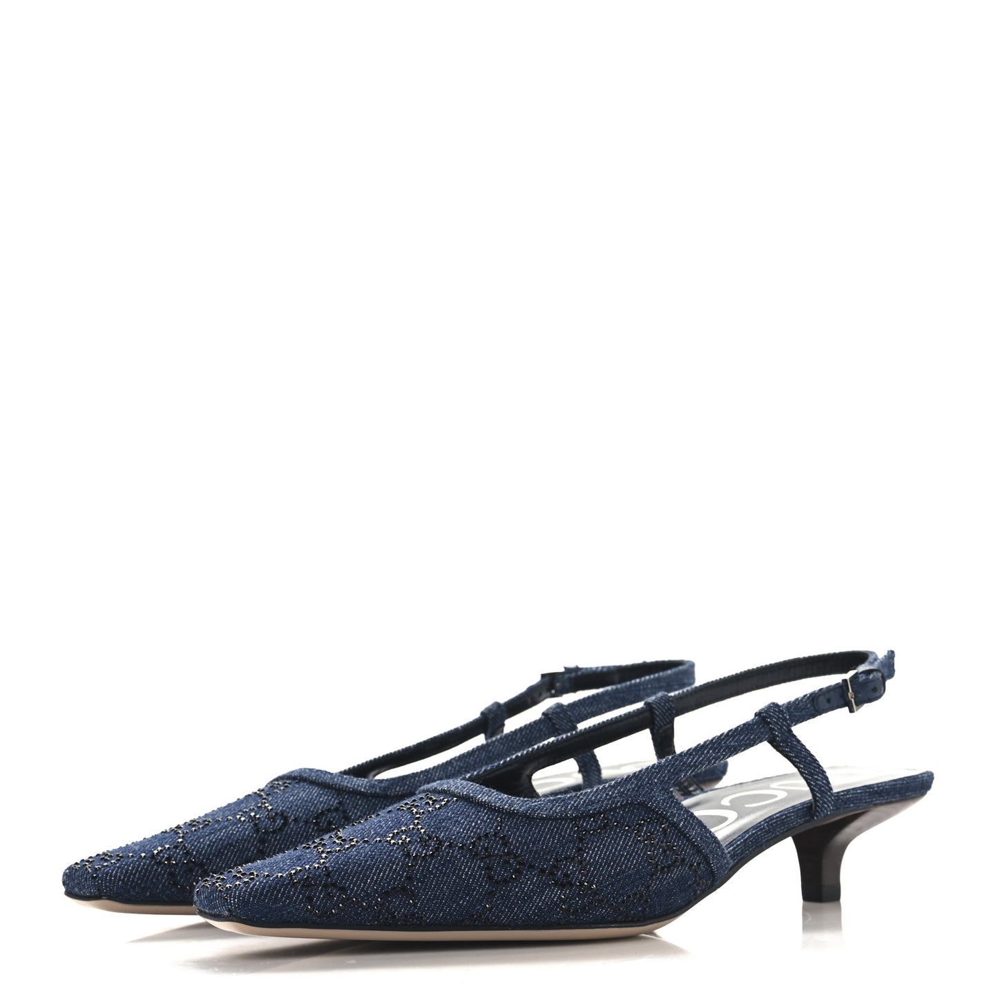 Denim GG Monogram Malaga Kid Crystal Square G 35mm Slingback Pumps 37.5 Blue