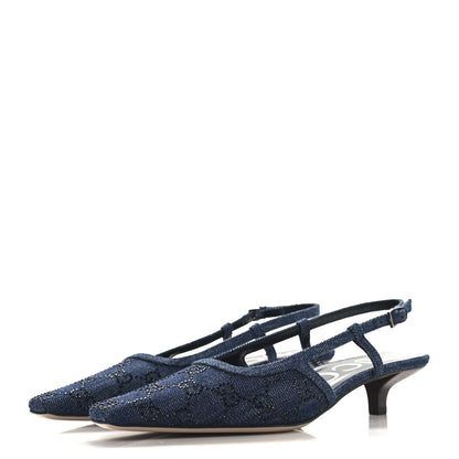 Gucci Denim GG Monogram Malaga Kid Crystal Square G 35mm Slingback Pumps 37.5 Blue 4 of 10