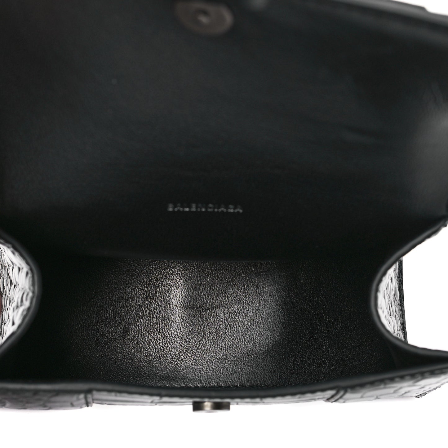 Shiny Calfskin Monochrome Crocodile Embossed Hourglass Top Handle Bag XS Black