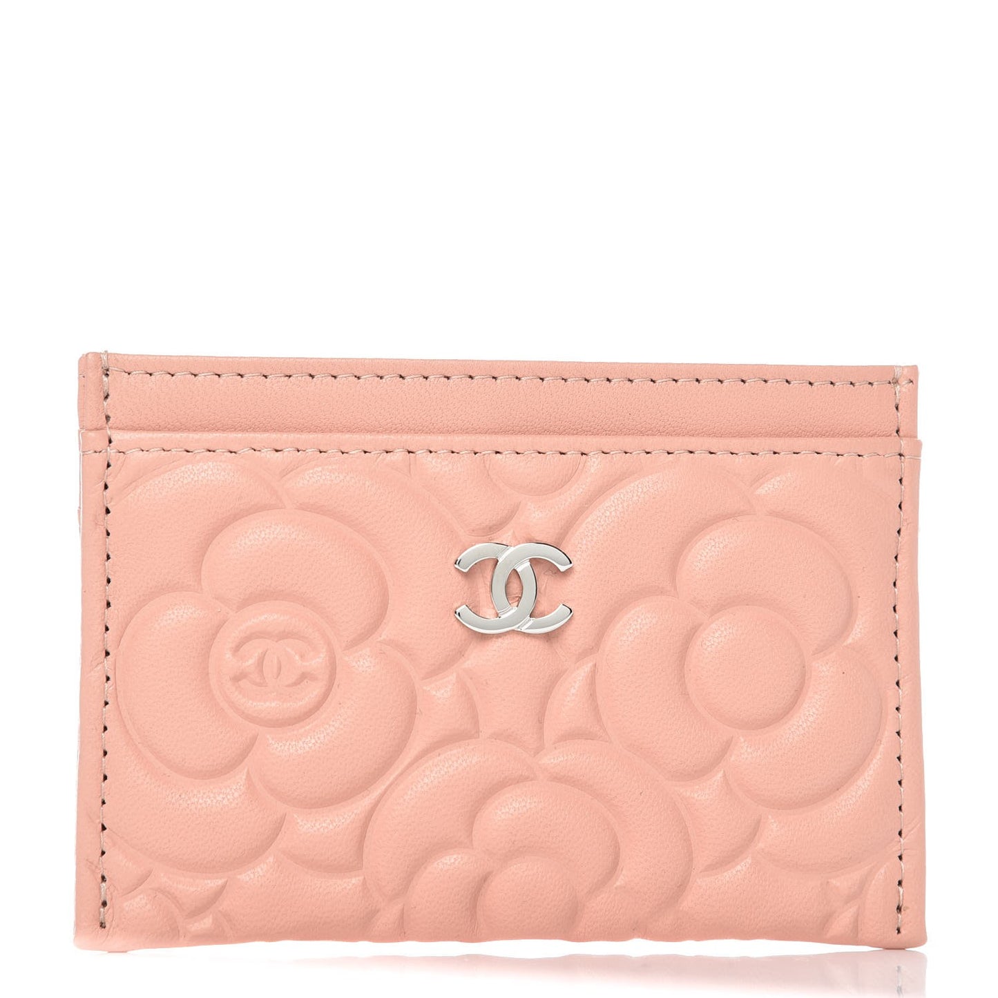 Goatskin Camellia Embossed Card Holder Light Pink