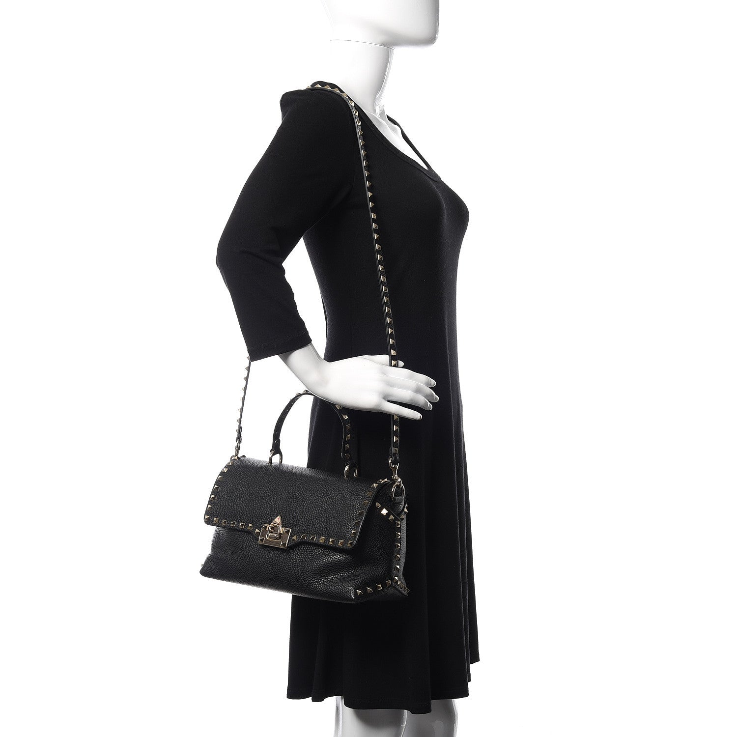 Valentino Garavani Pebbled Calfskin Rockstud Single Handle Flap Bag Black 2 of 10