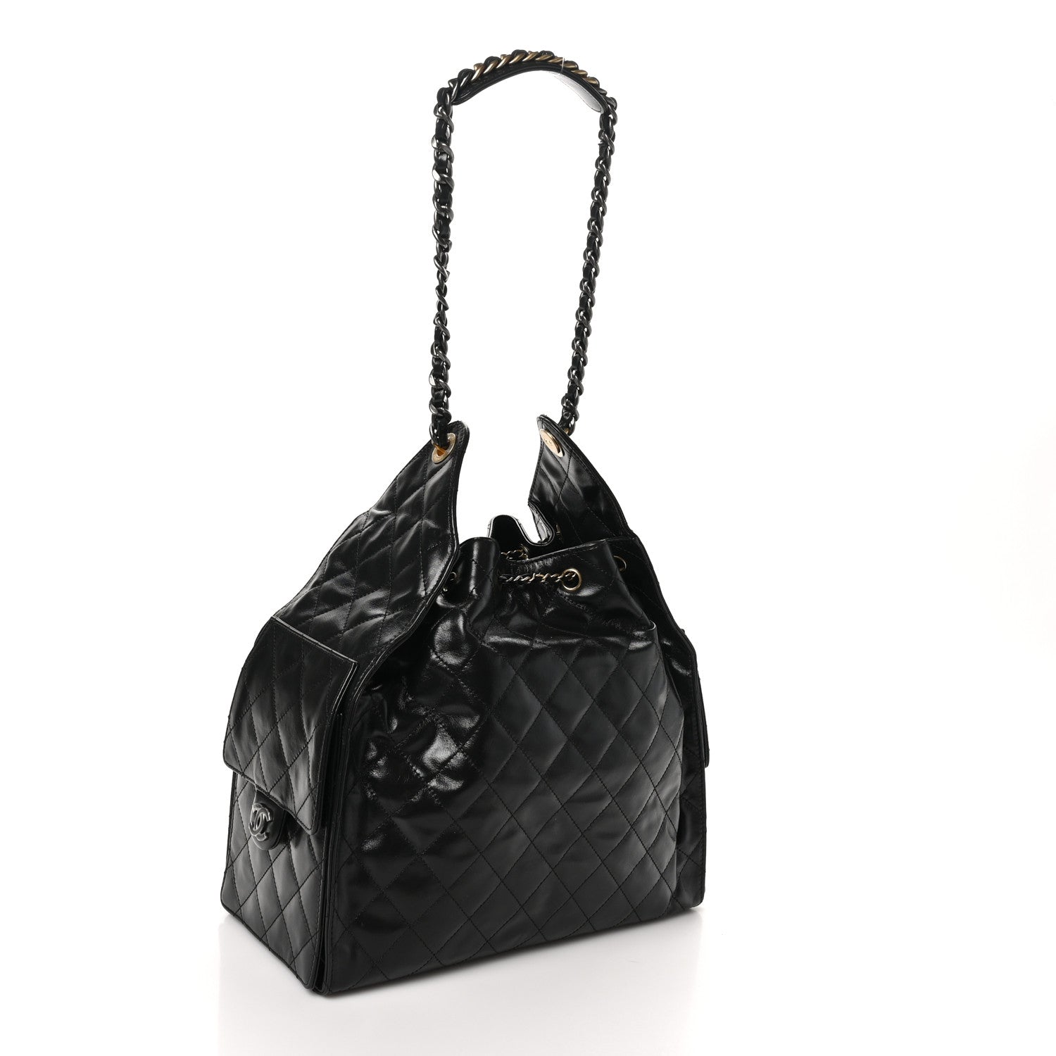Chanel Shiny Crumpled Calfskin Quilted Medium Chanel 25 Handbag Black 4 of 11