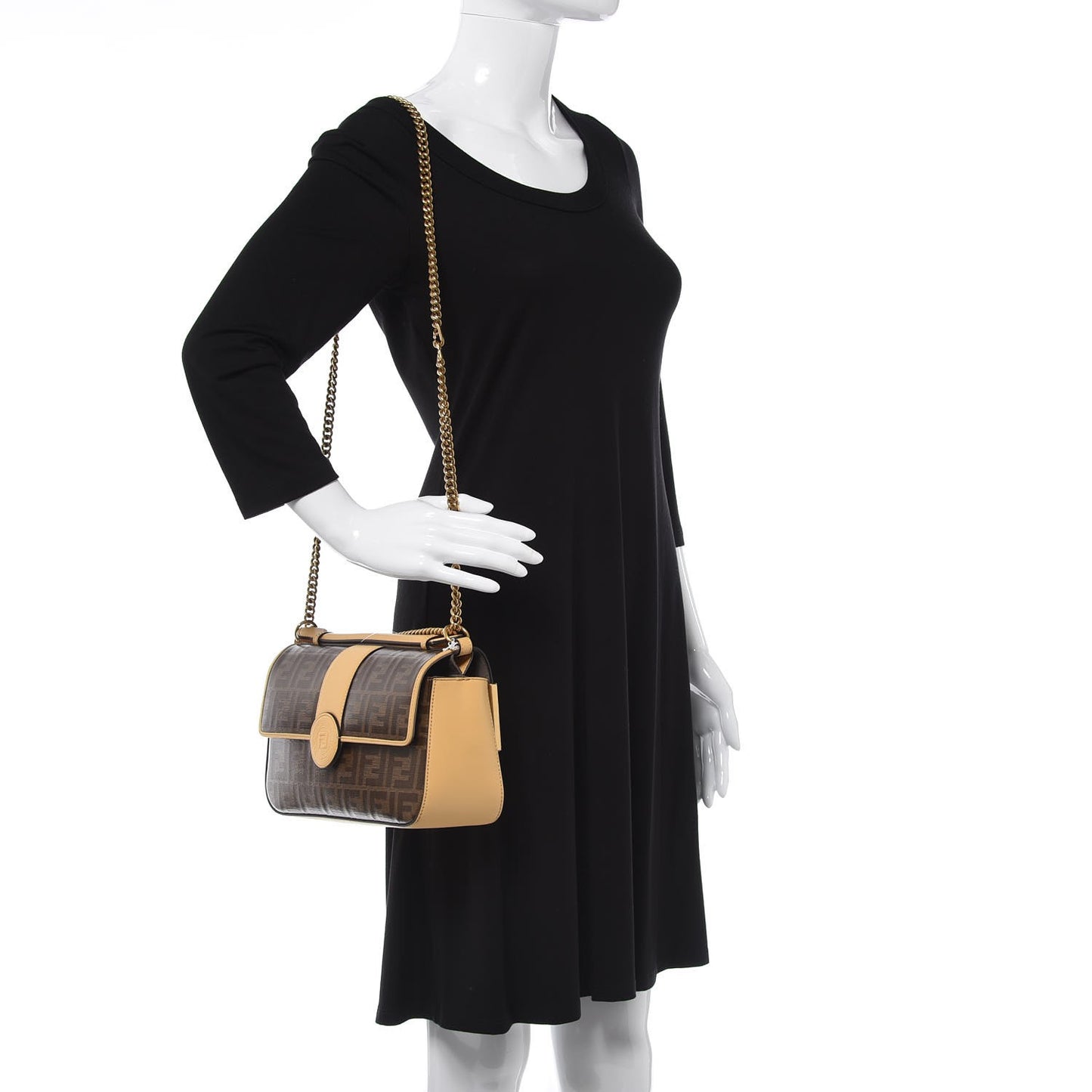 Vitello Grace Glazed Fabric FF 1974 Double F Shoulder Bag Alchemy Mogano Panna