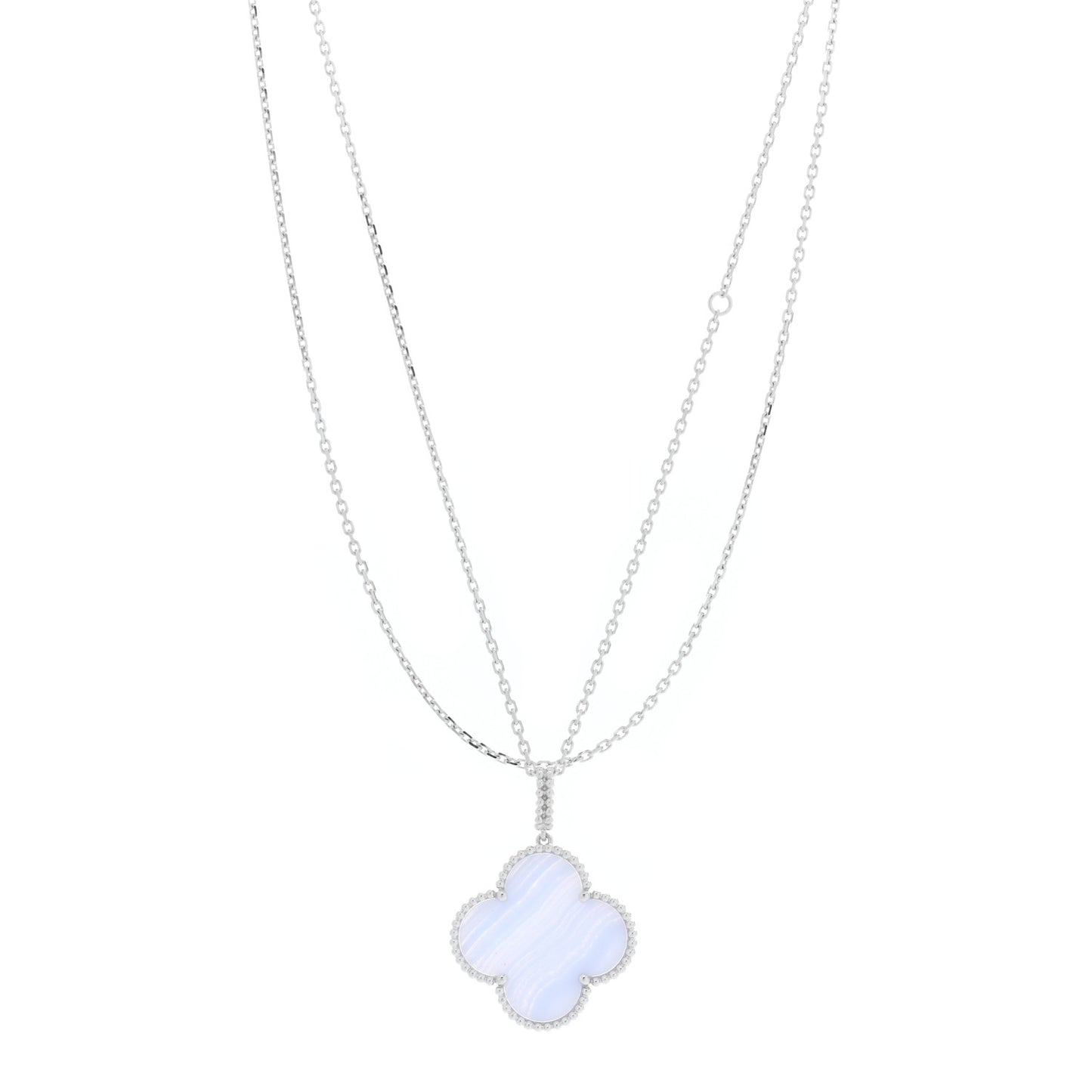 18K White Gold Chalcedony Magic Alhambra Pendant Long Necklace