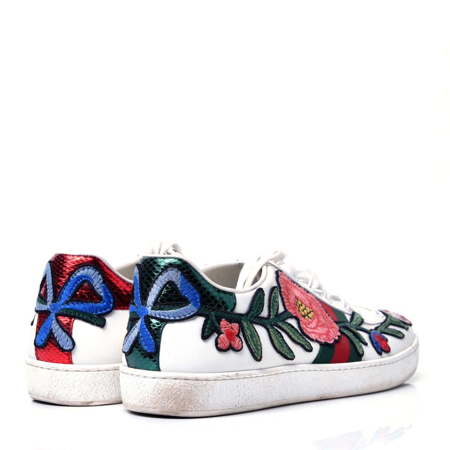 Gucci Metallic Calfskin Floral Embroidered Ace Sneakers 40 White 3 of 11