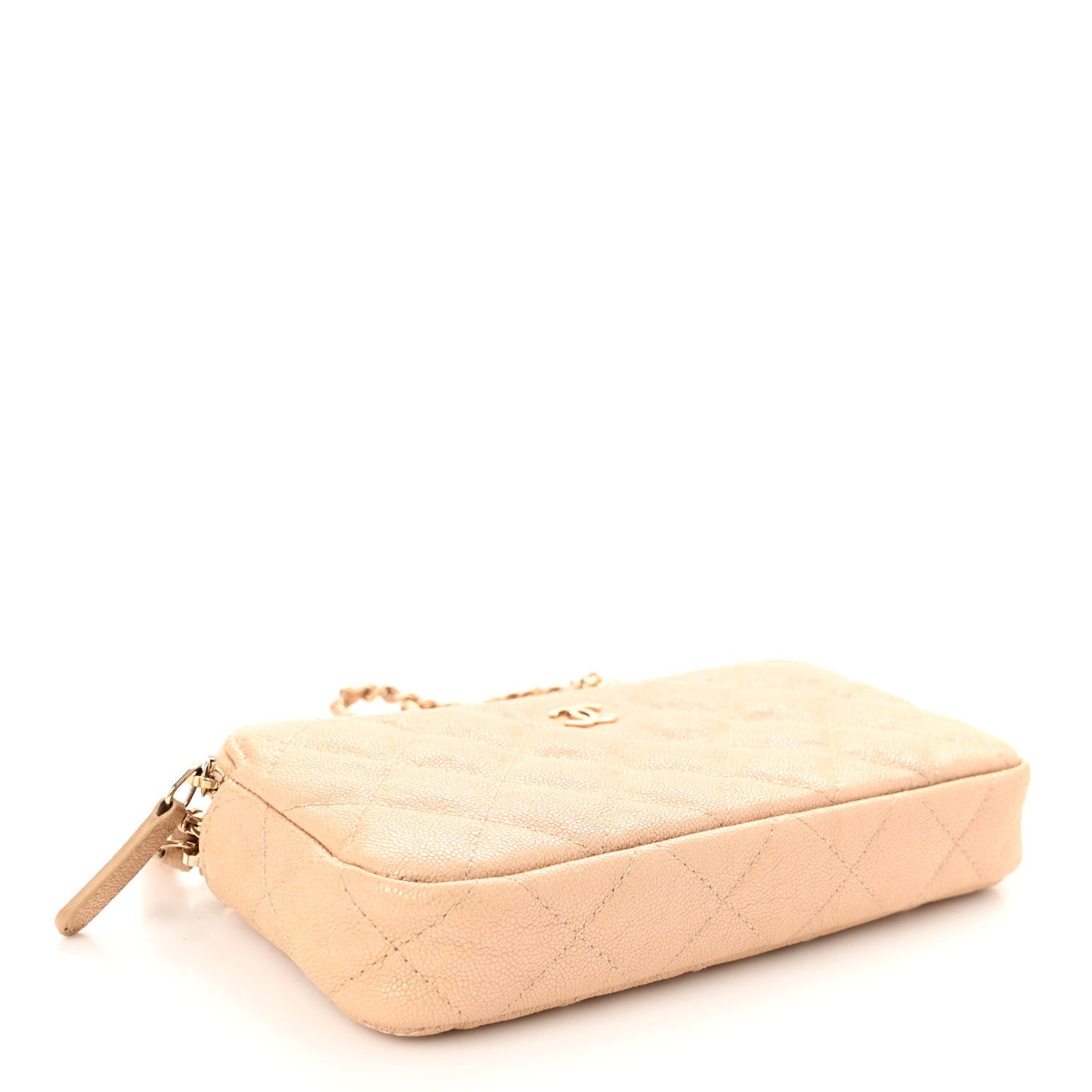 Iridescent Caviar Quilted Small Clutch With Chain Beige
