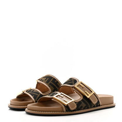 Fendi Fabric Jacquard Nappa FF Womens Fendi Feel Buckled Slide Sandals 37.5 Tobacco Black Miele Scuro 3 of 9