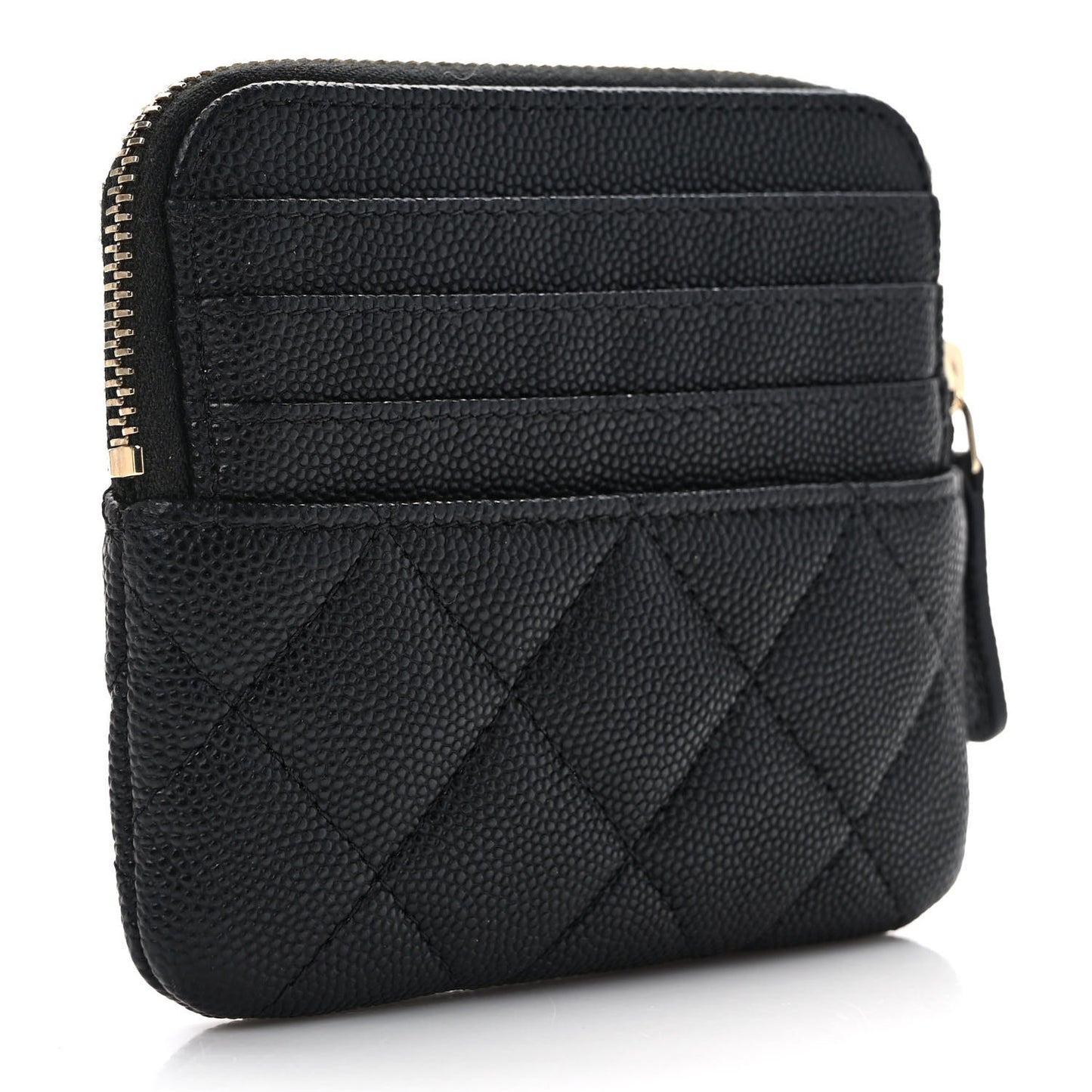 Caviar Metal Quilted Striated Zip Card Holder Wallet Black
