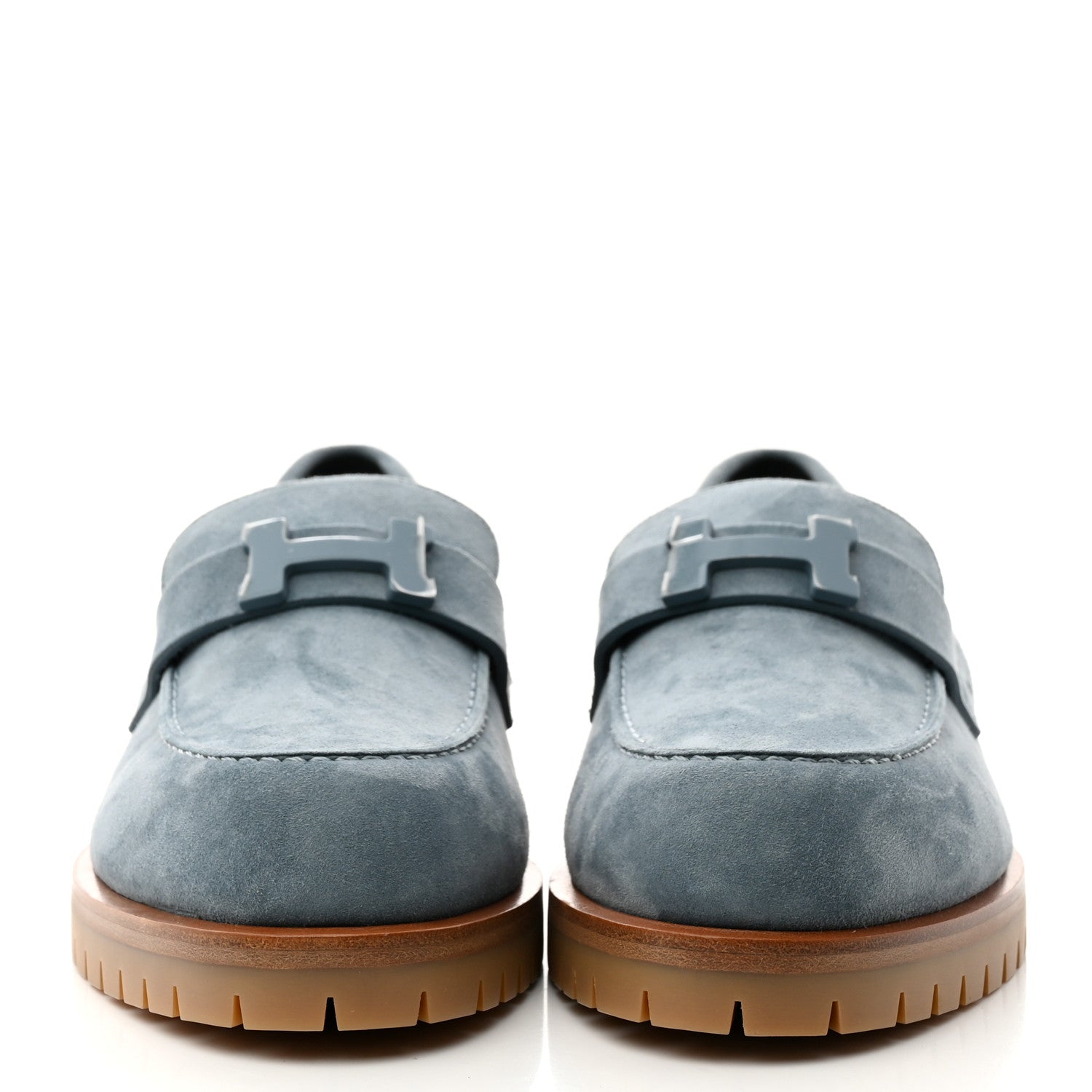Hermes Suede Goatskin Womens Faubourg Loafers 37.5 Bleu Pinede 2 of 9