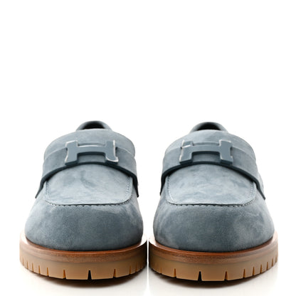 Hermes Suede Goatskin Womens Faubourg Loafers 37.5 Bleu Pinede 2 of 9