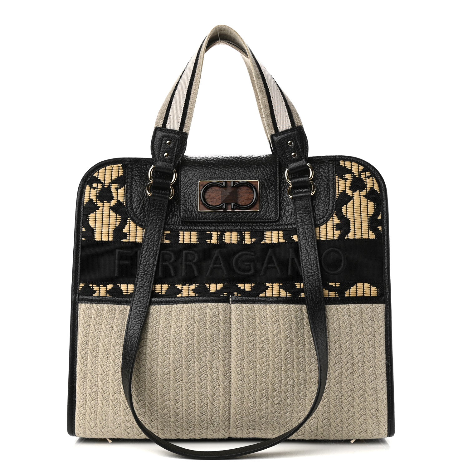 Salvatore Ferragamo Raffia Project Safari Iconic Tote Black Natural 1 of 9