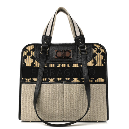 Salvatore Ferragamo Raffia Project Safari Iconic Tote Black Natural 1 of 9