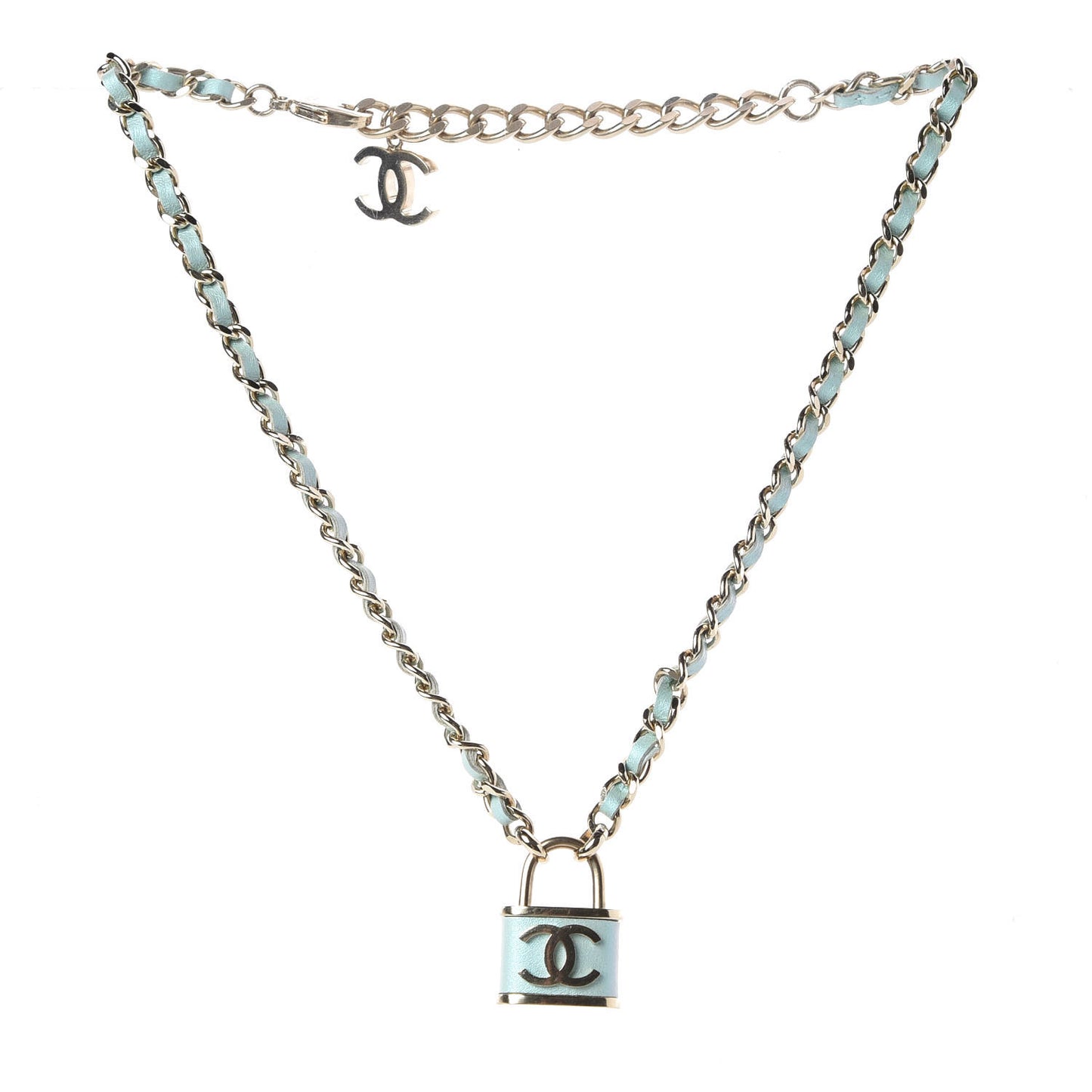 Calfskin Metal Padlock Necklace Gold Iridescent Blue