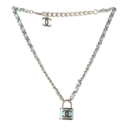 Chanel Calfskin Metal Padlock Necklace Gold Iridescent Blue 3 of 5
