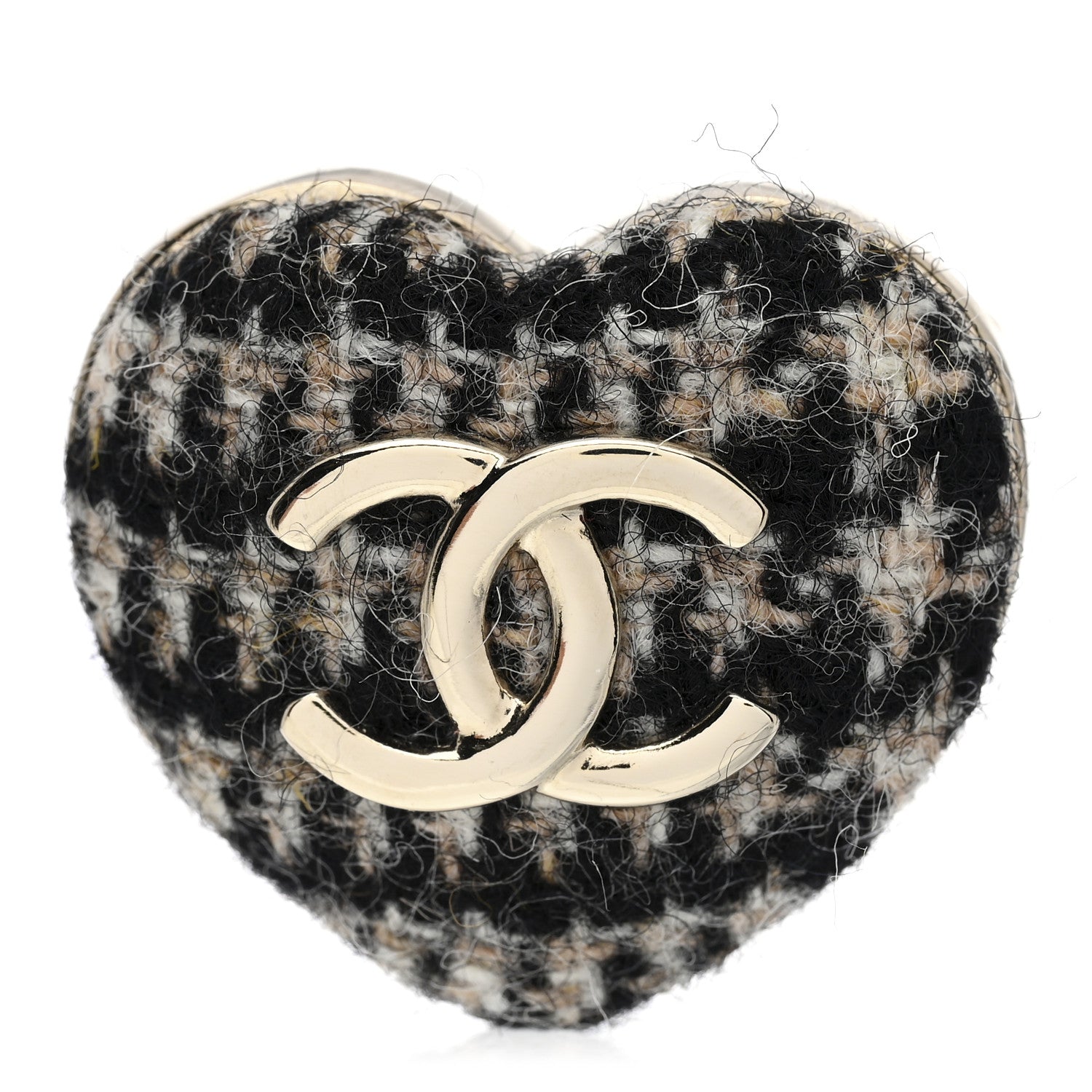 Chanel Tweed CC Heart Brooch Ivory Black Gold 1 of 3