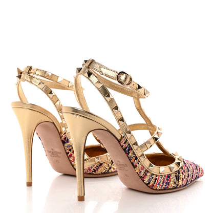 Valentino Garavani Metallic Nappa Tweed Rockstud Ankle Strap 100mm Pumps 40 Gold Multicolor 4 of 10