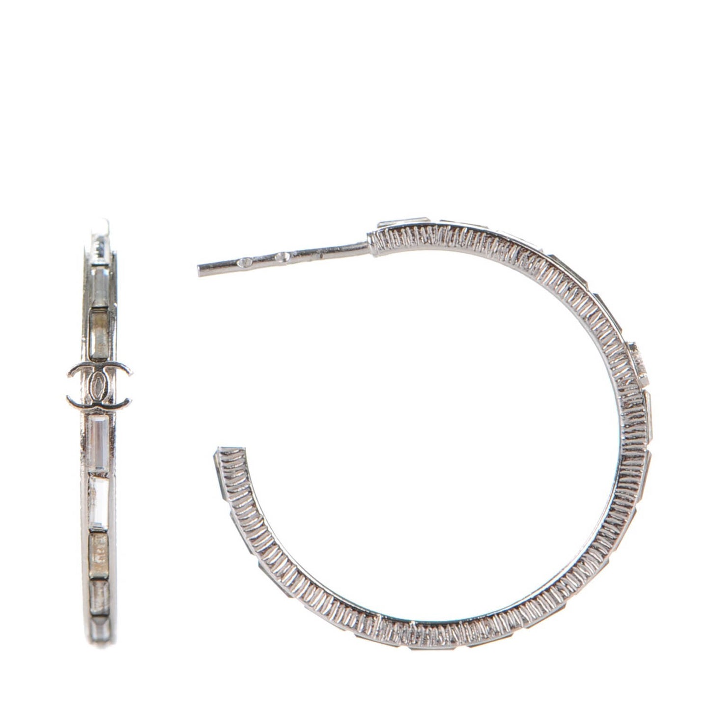 Baguette Crystal CC Hoop Earrings Silver