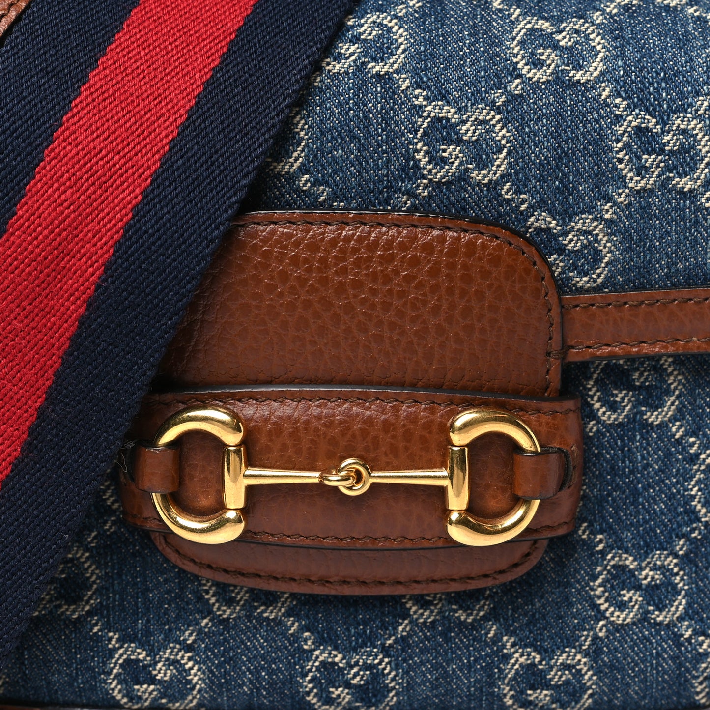 New Denim GG Monogram Dollar Calfskin Web Mini Horsebit 1955 Shoulder Bag Blue Tea Cuir Epilog