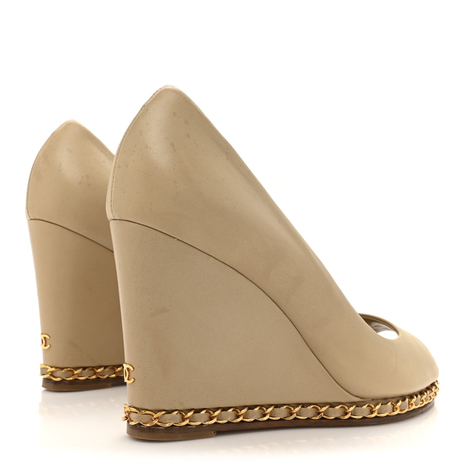 Chanel Calfskin Chain Peep Toe Wedge Pumps 39 Beige 6 of 19