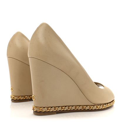 Chanel Calfskin Chain Peep Toe Wedge Pumps 39 Beige 6 of 19