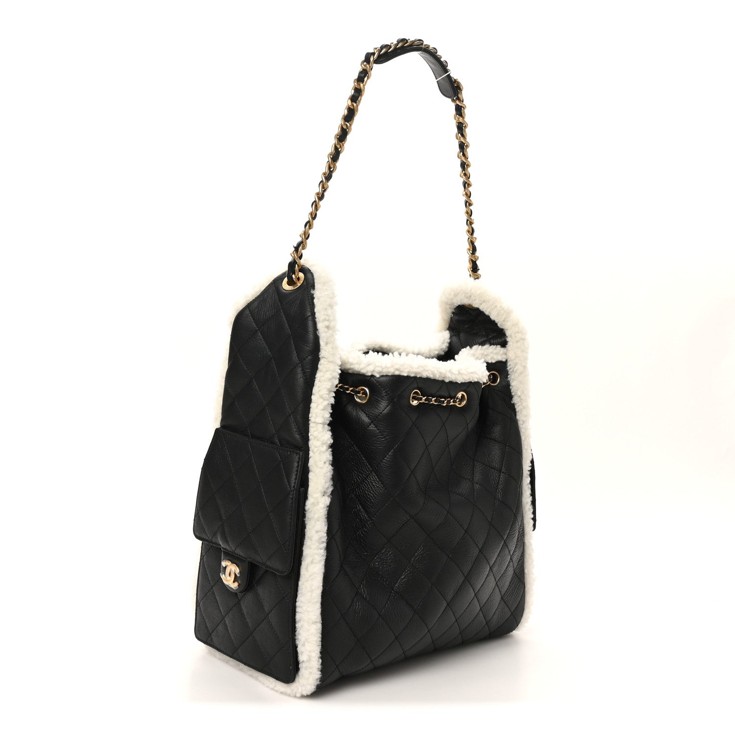 Chanel Crumpled Sheepskin Shearling Quilted Medium Chanel 25 Handbag Black White 4 of 11