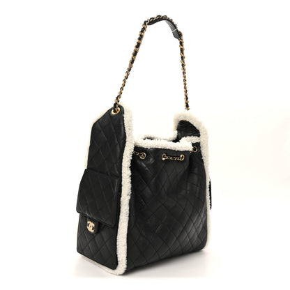 Chanel Crumpled Sheepskin Shearling Quilted Medium Chanel 25 Handbag Black White 4 of 11