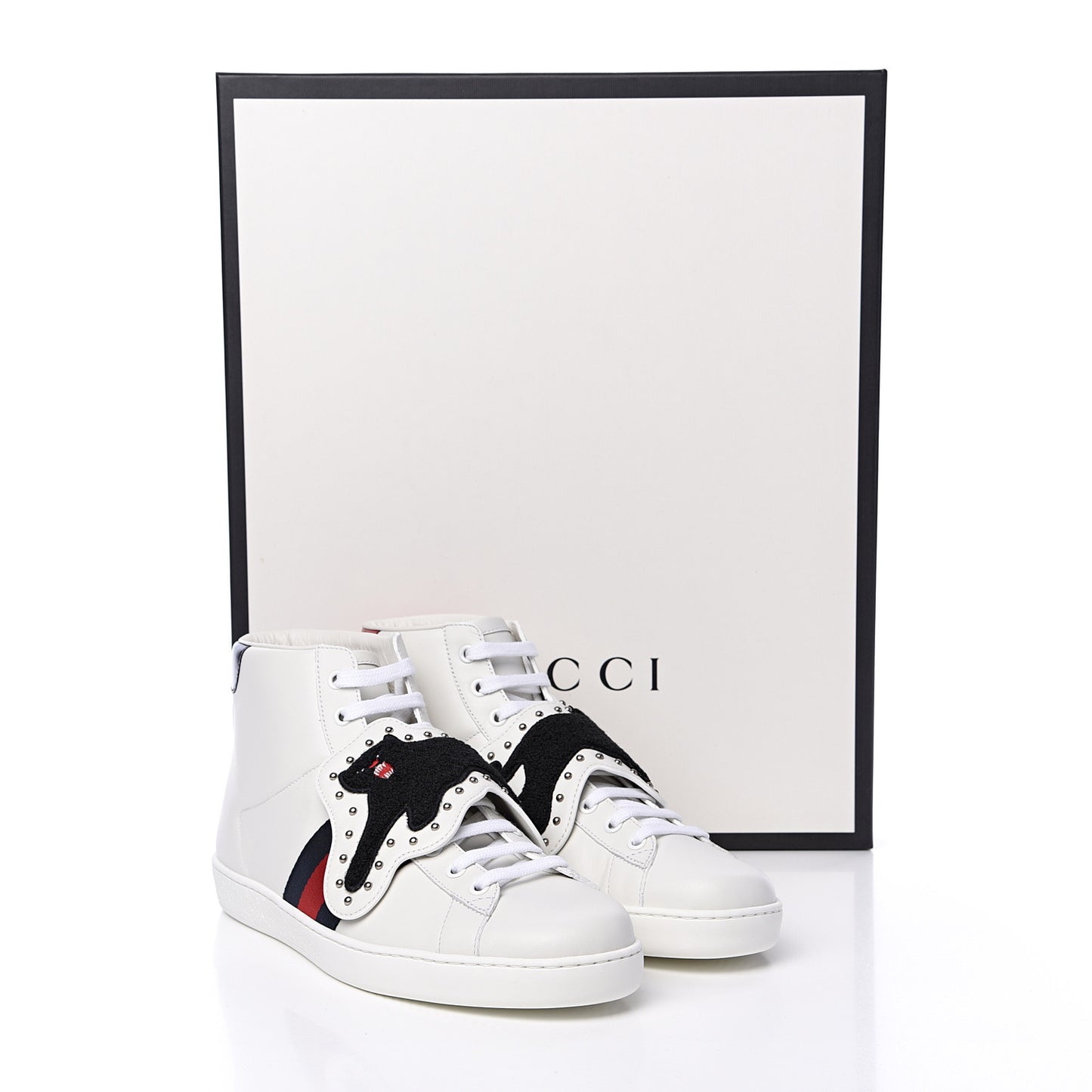 Calfskin Web Panther Removable Patches Mens Ace High Top Sneakers 8.5 White