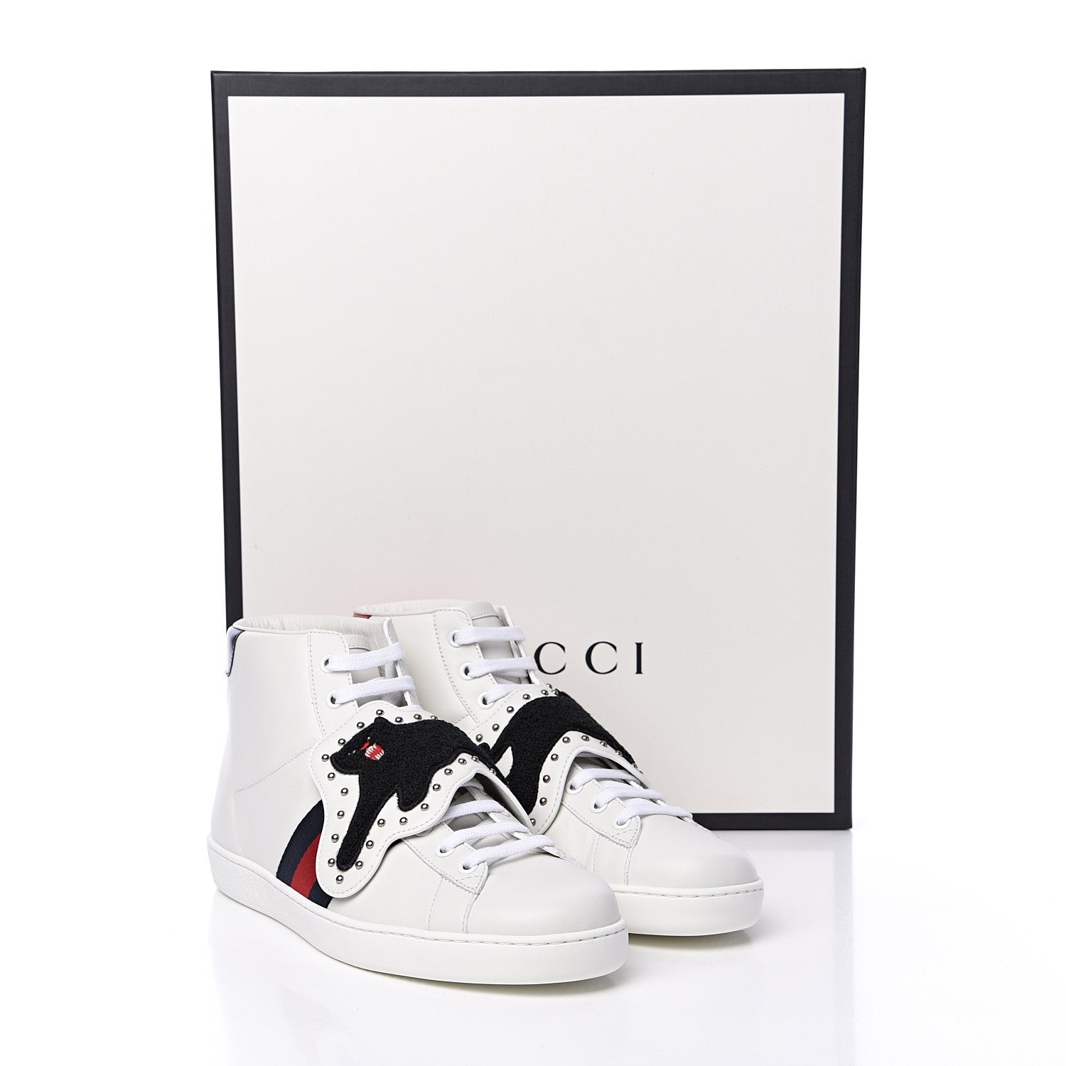 Gucci Calfskin Web Panther Removable Patches Mens Ace High Top Sneakers 8.5 White 7 of 7