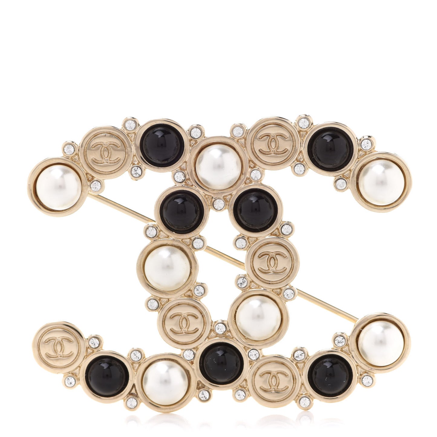 Crystal Pearl Metal Resin Polka Dot CC Brooch Black Gold