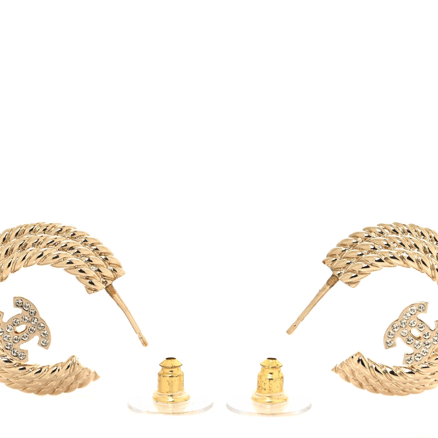 Chanel Metal Crystal CC Rope Hoop Earrings Gold 3 of 5
