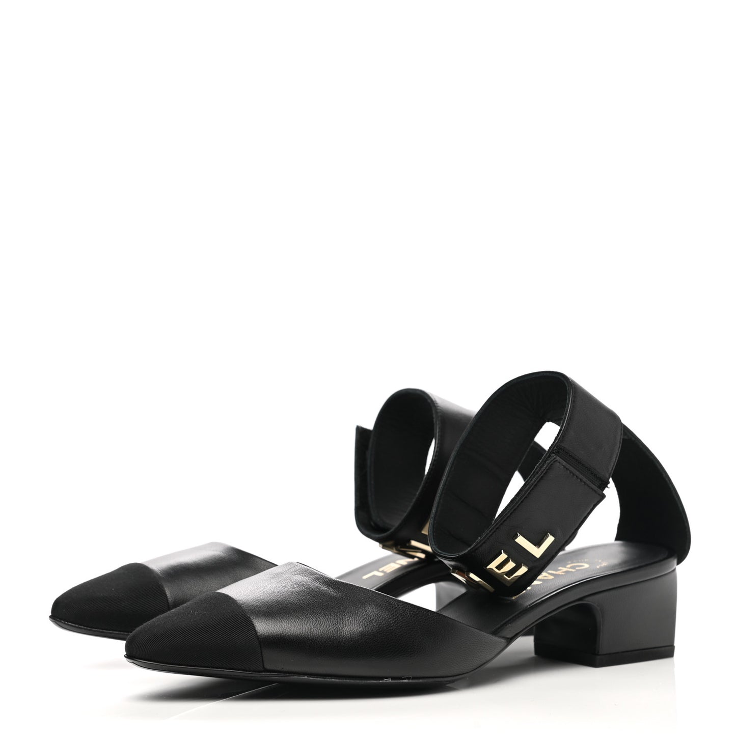 Lambskin Grosgrain Cap Toe Logo Ankle Strap Pumps 37 Black