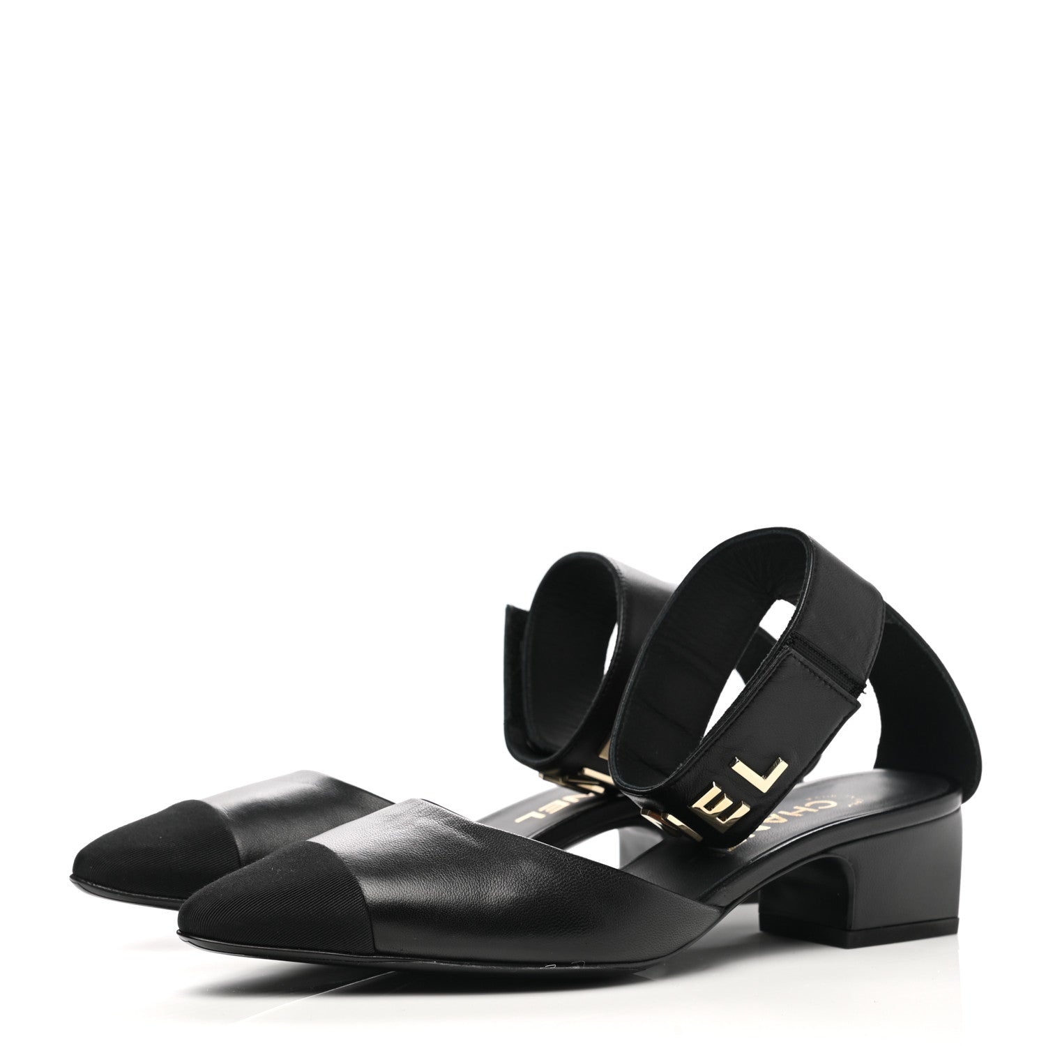 Chanel Lambskin Grosgrain Cap Toe Logo Ankle Strap Pumps 37 Black 3 of 9
