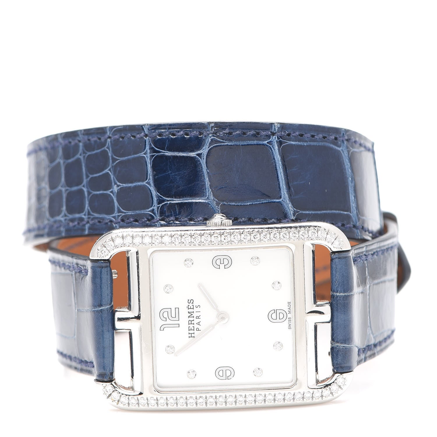 Hermes Stainless Steel Alligator Diamond Bezel Mother of Pearl 29mm Cape Cod Double Tour Quartz Watch Bleu Saphir 3 of 6