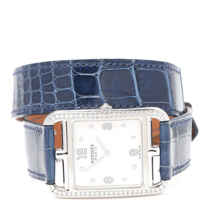 Hermes Stainless Steel Alligator Diamond Bezel Mother of Pearl 29mm Cape Cod Double Tour Quartz Watch Bleu Saphir 3 of 6