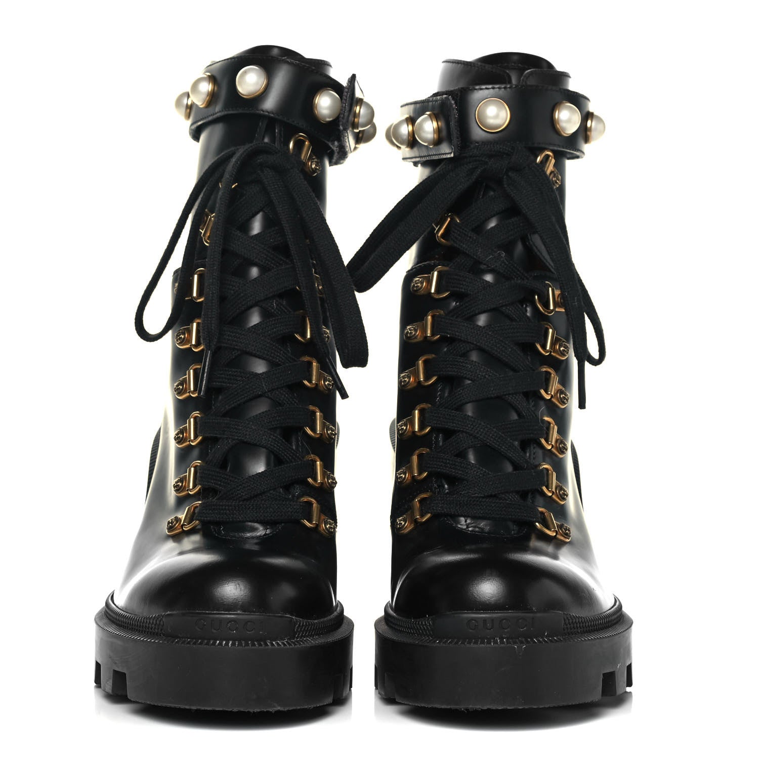 Gucci Magnum Calfskin Pearl Lace Up Combat Ankle Boots 39.5 Black 2 of 8