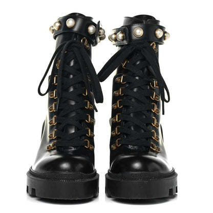 Gucci Magnum Calfskin Pearl Lace Up Combat Ankle Boots 39.5 Black 2 of 8
