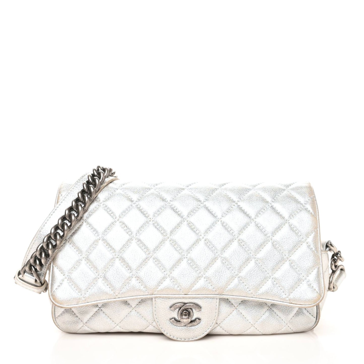 Metallic Grained Calfskin Quilted Small Casual Rock Flap Silver