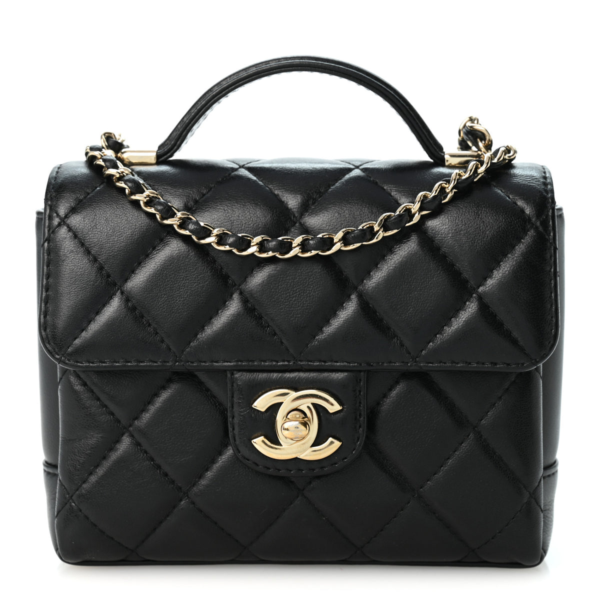 Lambskin Quilted Mini Top Handle Square Flap Black