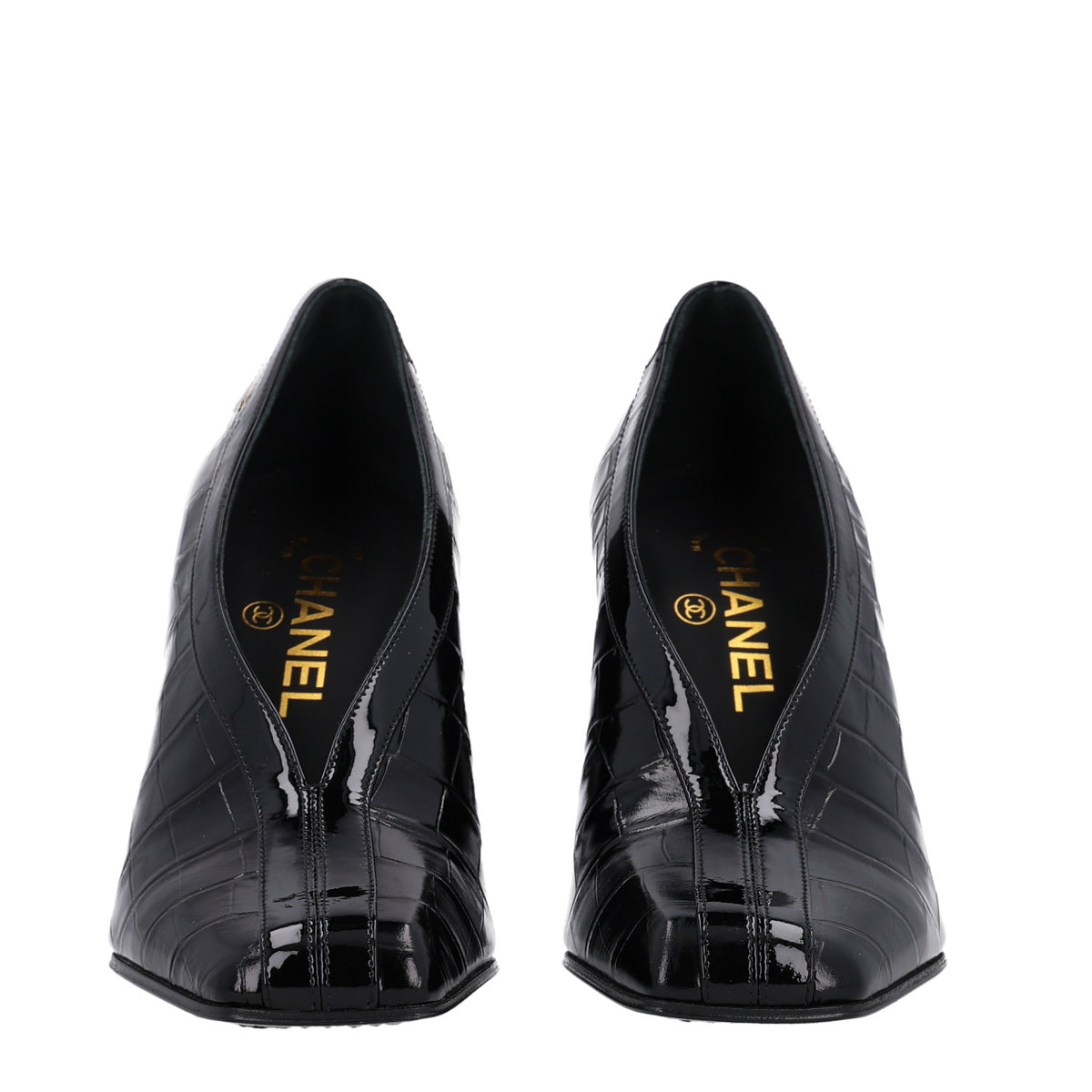 Chanel Crocodile Embossed Patent Calfskin Pumps 37.5 Black 5 of 11