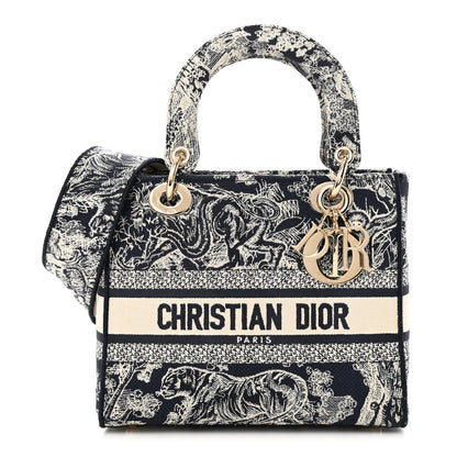 Christian Dior Canvas Toile De Jouy Reverse Embroidered Medium Lady D-Lite Navy 1 of 9