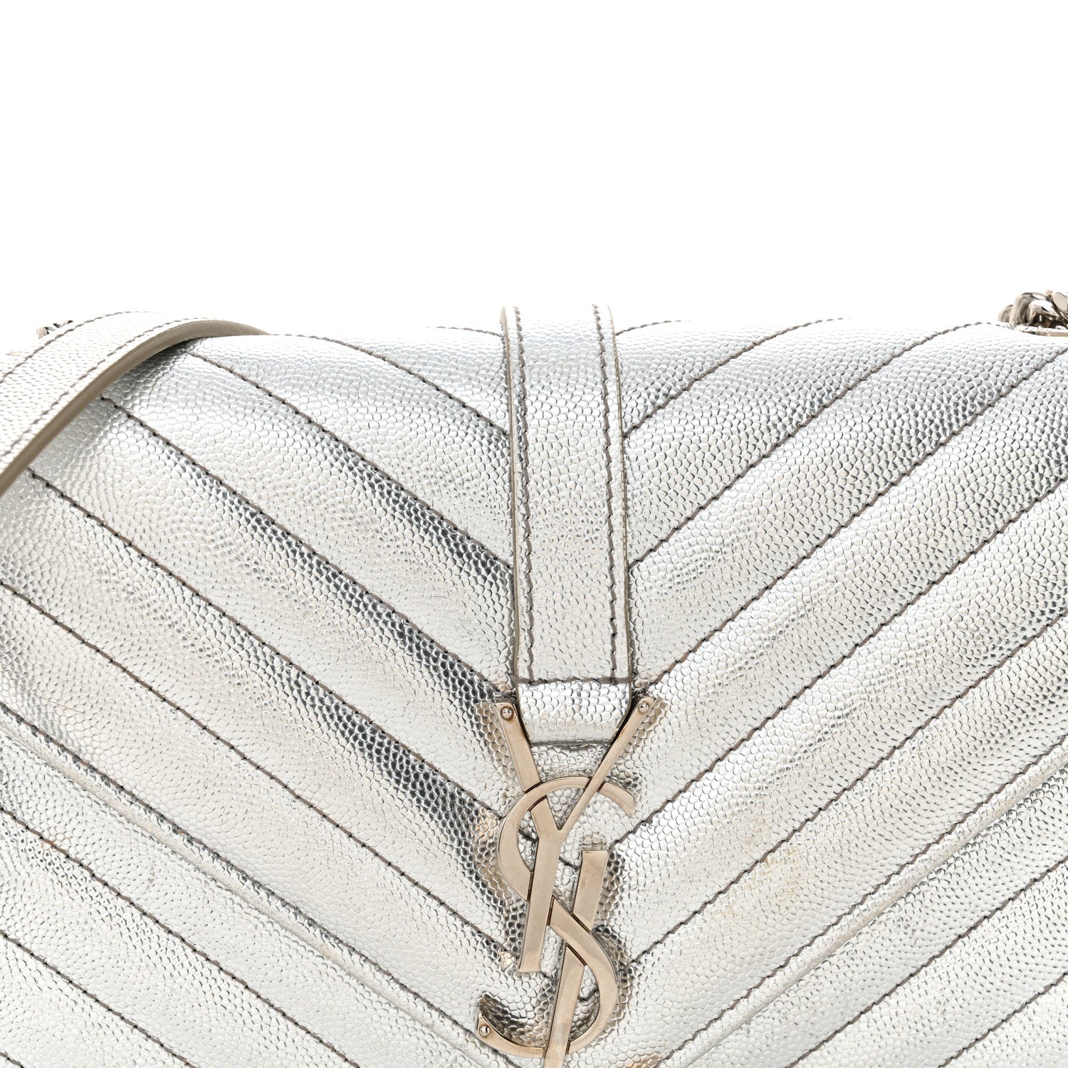 Saint Laurent Metallic Grain De Poudre Matelasse Chevron Small Monogram Satchel Silver 9 of 14