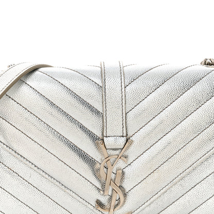 Saint Laurent Metallic Grain De Poudre Matelasse Chevron Small Monogram Satchel Silver 9 of 14
