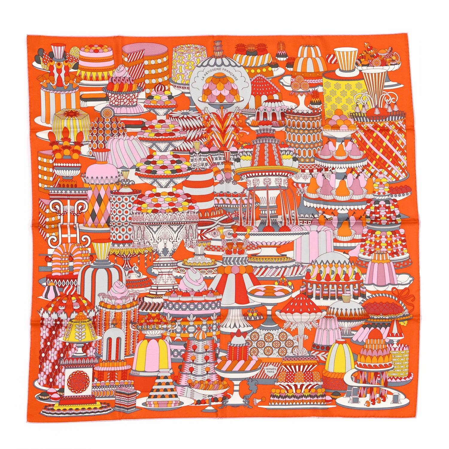 Hermes Silk La Patisserie Francaise Scarf 90 Orange Rose Gris 1 of 6