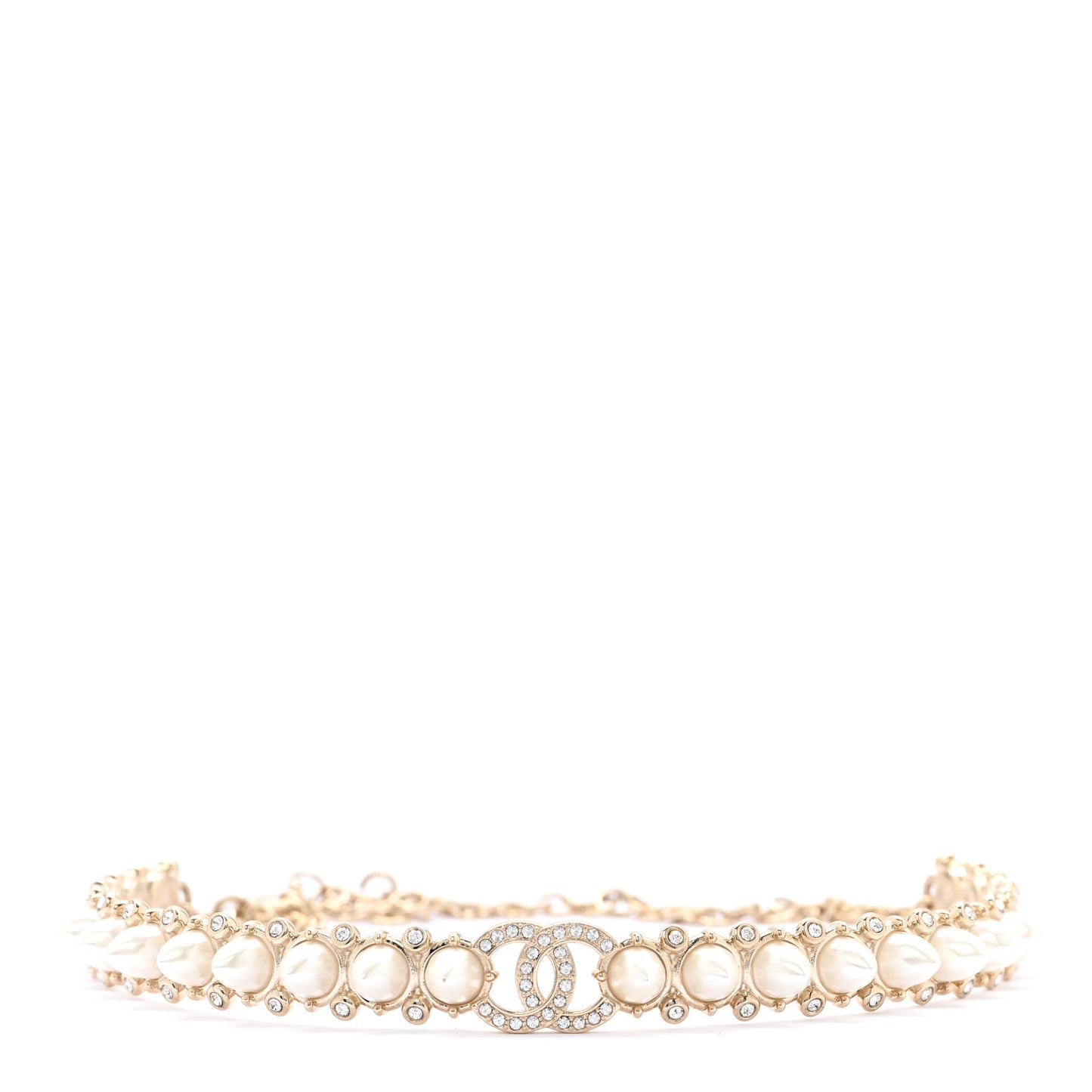 Strass Crystal Studded Pearl CC Choker Necklace Gold Pearly White