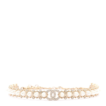 Chanel Strass Crystal Studded Pearl CC Choker Necklace Gold Pearly White 1 of 6