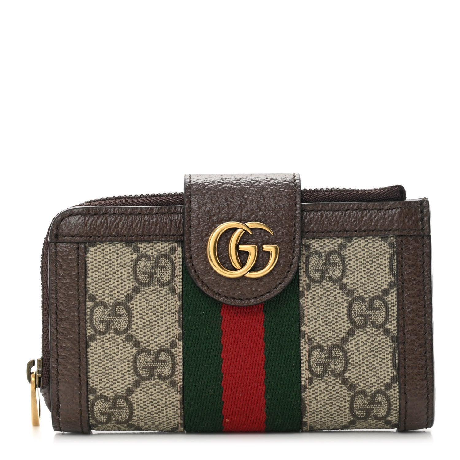 Gucci GG Supreme Monogram Textured Dollar Calfskin Web Ophidia Overlay Zip Around Card Case Wallet Beige Ebony New Acero 1 of 12