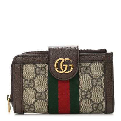 Gucci GG Supreme Monogram Textured Dollar Calfskin Web Ophidia Overlay Zip Around Card Case Wallet Beige Ebony New Acero 1 of 12