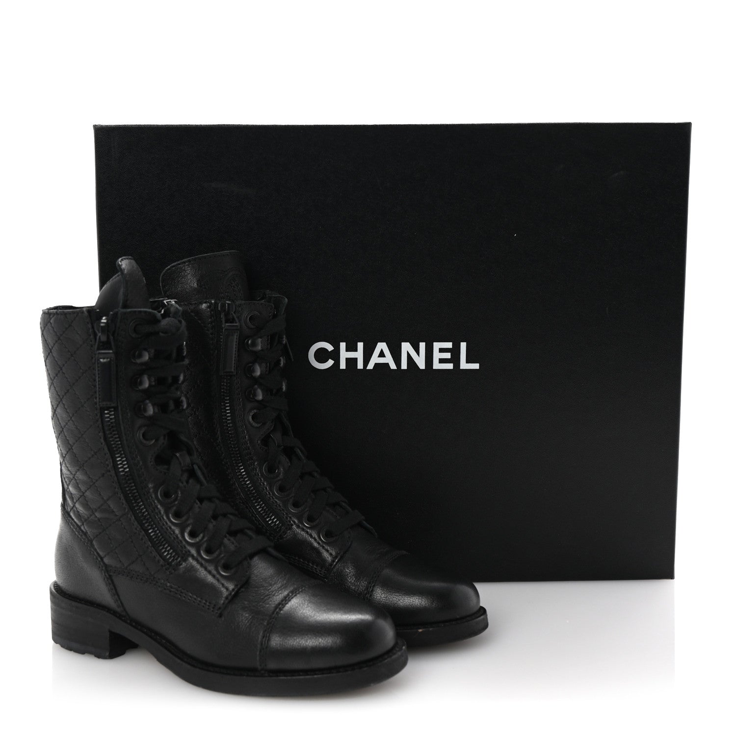 Chanel Sheepskin Quilted CC Tall Lace Up Combat Boots 35 Black 10 of 10